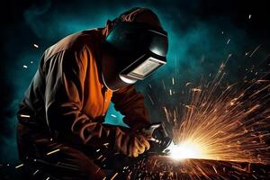 Welder Wearing Welding Gear with Sparks A Skilled Welder in the Industrial Setting with Bokeh and Sparkle Background, photo