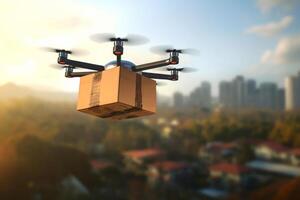 Futuristic Drone Delivery Revolutionizing Business Air Transportation with Unmanned Aircraft Robots, package flying through the air off a drone photo