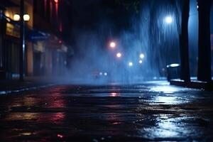 Dark urban night Abstract light reflections on wet asphalt, neon lights, searchlight, and smoke in an empty street photo