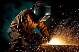 Welder Wearing Welding Gear with Sparks A Skilled Welder in the Industrial Setting with Bokeh and Sparkle Background, photo