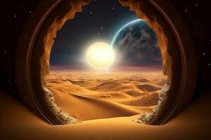 Mystical desert portal with dunes, Milky Way above, AI Generated photo