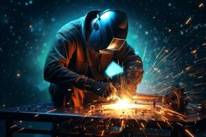 Welder Wearing Welding Gear with Sparks A Skilled Welder in the Industrial Setting with Bokeh and Sparkle Background, photo