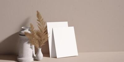 Mockup Paper Wedding Invitation Boho Minimal Style Greeting Card for Wedding Invitations and Birthday Stationery. Top View Flat Lay Copyspace. photo
