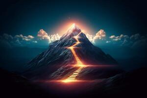 Path to Success glowing light Ascending to the Summit A Futuristic Journey up the Glowing Mountain Path, photo
