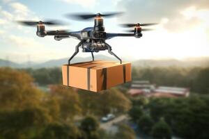 Futuristic Drone Delivery Revolutionizing Business Air Transportation with Unmanned Aircraft Robots, package flying through the air off a drone photo