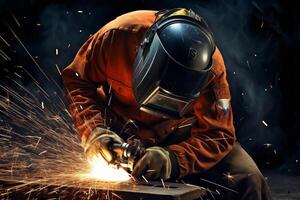 Welder Wearing Welding Gear with Sparks A Skilled Welder in the Industrial Setting with Bokeh and Sparkle Background, photo