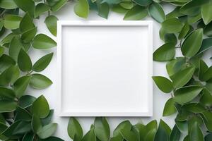 Natural Elegance Green Leaves and White Square Frame Creative Layout for Advertising Card or Invitation photo
