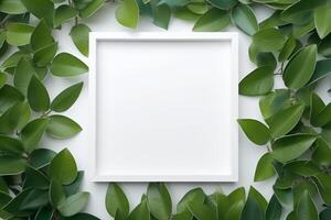 Natural Elegance Green Leaves and White Square Frame Creative Layout for Advertising Card or Invitation AI Generated photo