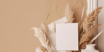 Mockup Paper Wedding Invitation Boho Minimal Style Greeting Card for Wedding Invitations and Birthday Stationery. Top View Flat Lay Copyspace. photo