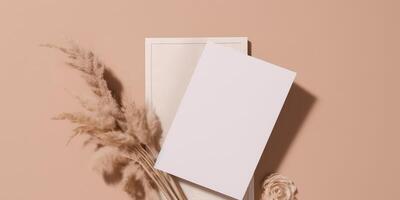 Mockup Paper Wedding Invitation Boho Minimal Style Greeting Card for Wedding Invitations and Birthday Stationery. Top View Flat Lay Copyspace. photo