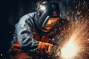 Welder Wearing Welding Gear with Sparks A Skilled Welder in the Industrial Setting with Bokeh and Sparkle Background, photo
