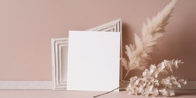 Mockup Paper Wedding Invitation Boho Minimal Style Greeting Card for Wedding Invitations and Birthday Stationery. Top View Flat Lay Copyspace. photo