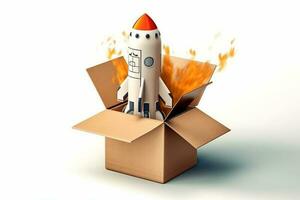 Rocket bursts from box on orange backdrop, photo