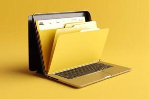 Yellow background with laptop file folder, AI Generated photo