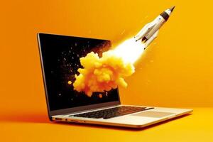 Laptop screen shoots rocket, orange backdrop, AI Generated photo