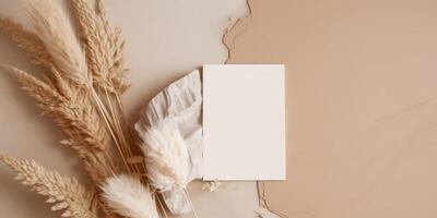 Mockup Paper Wedding Invitation Boho Minimal Style Greeting Card for Wedding Invitations and Birthday Stationery. Top View Flat Lay Copyspace. photo