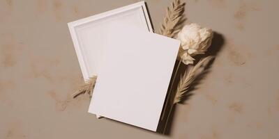 Mockup Paper Wedding Invitation Boho Minimal Style Greeting Card for Wedding Invitations and Birthday Stationery. Top View Flat Lay Copyspace. photo