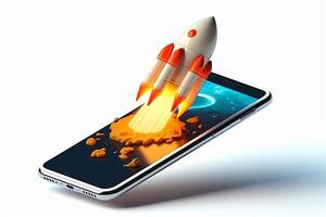 Mobile screen rocket startup concept on orange background, photo