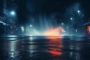 Dark urban night Abstract light reflections on wet asphalt, neon lights, searchlight, and smoke in an empty street photo