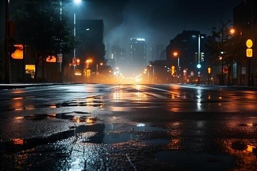 Dark urban night Abstract light reflections on wet asphalt, neon lights, searchlight, and smoke in an empty street photo