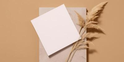 Mockup Paper Wedding Invitation Boho Minimal Style Greeting Card for Wedding Invitations and Birthday Stationery. Top View Flat Lay Copyspace. photo