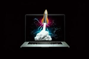 Rocket from laptop, black background, AI Generated photo