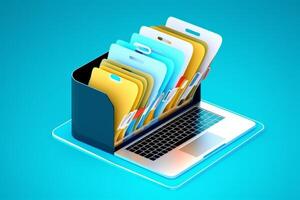 Laptop stores data, has file drawer, blue background, photo