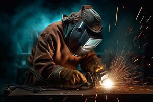 Welder Wearing Welding Gear with Sparks A Skilled Welder in the Industrial Setting with Bokeh and Sparkle Background, photo
