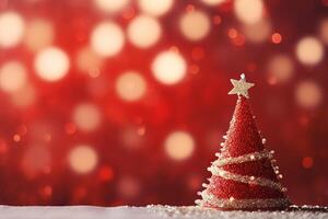 Christmas Splendor Xmas Tree and Bokeh Lights on Red Canvas Background AI Generated photo