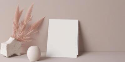 Mockup Paper Wedding Invitation Boho Minimal Style Greeting Card for Wedding Invitations and Birthday Stationery. Top View Flat Lay Copyspace. photo