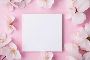 Blooms Pink Flower and White Square Frame Creative Layout for Advertising Card or Invitation AI Generated photo