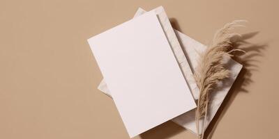Mockup Paper Wedding Invitation Boho Minimal Style Greeting Card for Wedding Invitations and Birthday Stationery. Top View Flat Lay Copyspace. photo