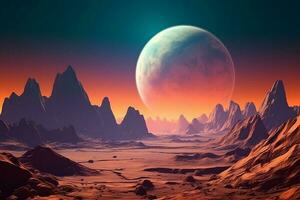 Desierto planeta con montañas y gigante luna, ai generado foto