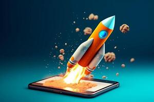 Phone screen shoots blue rocket, photo