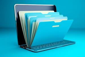 Laptop screen shows blue background with file folder, photo