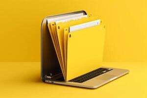 Yellow background with laptop file folder, AI Generated photo