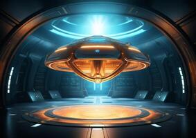 Galactic Encounter Realistic Spaceship in an Empty Dark Room photo