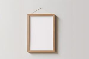 Blank Wooden Picture Frame Mockup Hanging on Wall Empty Poster Mockup for Art Display. Front View with Copy Space photo