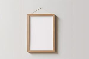 Blank Wooden Picture Frame Mockup Hanging on Wall Empty Poster Mockup for Art Display. Front View with Copy Space AI Generated photo