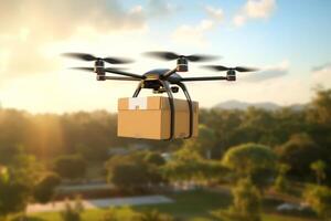 Futuristic Drone Delivery Revolutionizing Business Air Transportation with Unmanned Aircraft Robots, package flying through the air off a drone photo