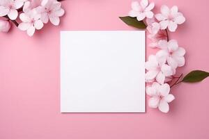 Blooms Pink Flower and White Square Frame Creative Layout for Advertising Card or Invitation AI Generated photo