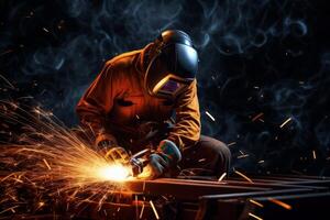 Welder Wearing Welding Gear with Sparks A Skilled Welder in the Industrial Setting with Bokeh and Sparkle Background, photo