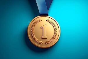 Gold medal 1 on blue background, AI Generated photo