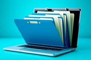 Laptop screen shows blue background with file folder, photo