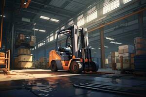 forklift drives along the industrial warehouse realistic, stacks of moving boxes light and dark tones, Streamline Pallet and Box Loading Process, AI Generated photo