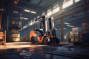forklift drives along the industrial warehouse realistic, stacks of moving boxes light and dark tones, Streamline Pallet and Box Loading Process, photo