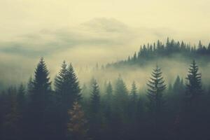 Enchanting Mist Vintage Retro Hipster Style Fir Forest Landscape photo