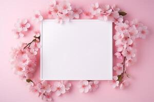 Blooms Pink Flower and White Square Frame Creative Layout for Advertising Card or Invitation photo