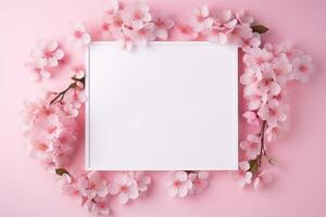 Blooms Pink Flower and White Square Frame Creative Layout for Advertising Card or Invitation AI Generated photo