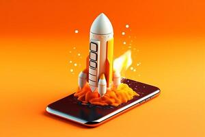 Mobile screen rocket startup concept on white background, photo
